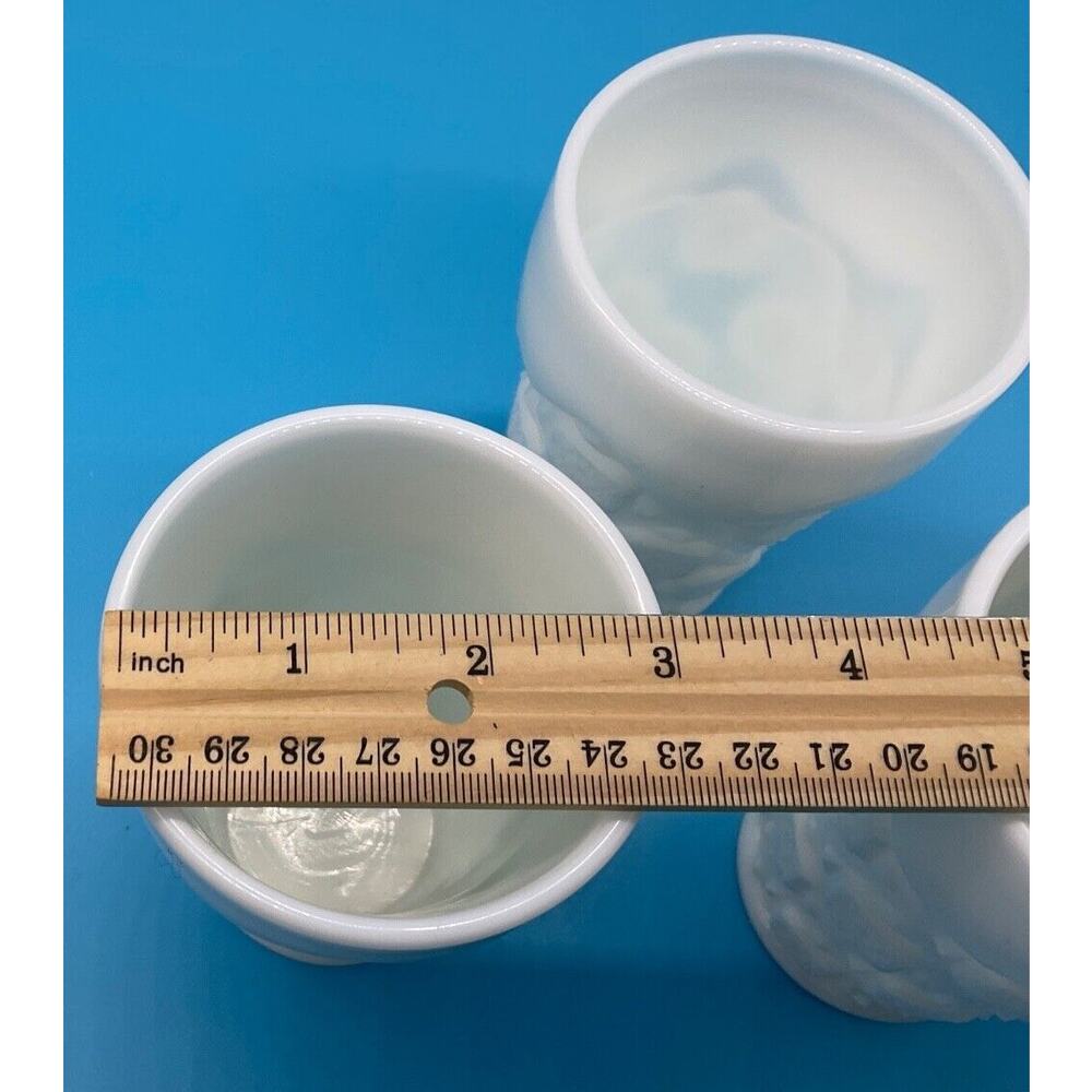 Set of‎ 3 White Milk Glass Tumblers, Cubist Pattern, 5" Tall, Vintage Drinkware - Picture 4 of 6